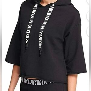 DKNY Black Cropped Hoodie with Logo Drawstrings